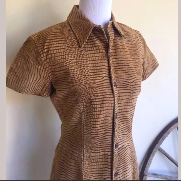 RALPH LAUREN 🐊 Glove Soft Leather Crocodile Print Western Shirt Dress Tan 8 - Picture 4 of 9